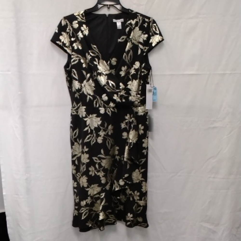 London Times Black Dress with Gold Floral Design